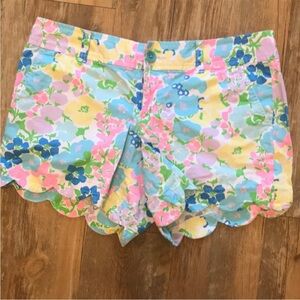 Lilly Pulitzer Pink and Yellow Buttercup Shorts with Scalloped Hem